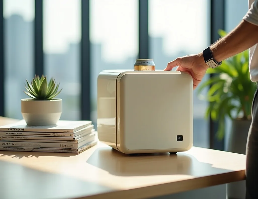 Modern Tokyo office breakroom with cream white retro mini fridge by window