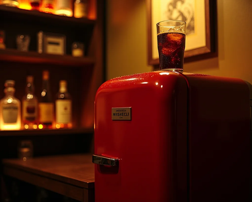 Stylish Japanese home bar corner at dusk with cherry red retro mini fridge