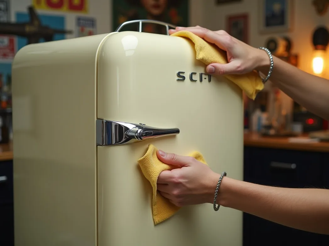 Close-up of hands polishing chrome handle of cream white retro mini fridge
