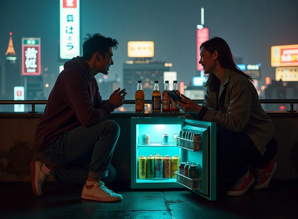 Nighttime rooftop bar in Tokyo with neon signs reflecting on wet concrete