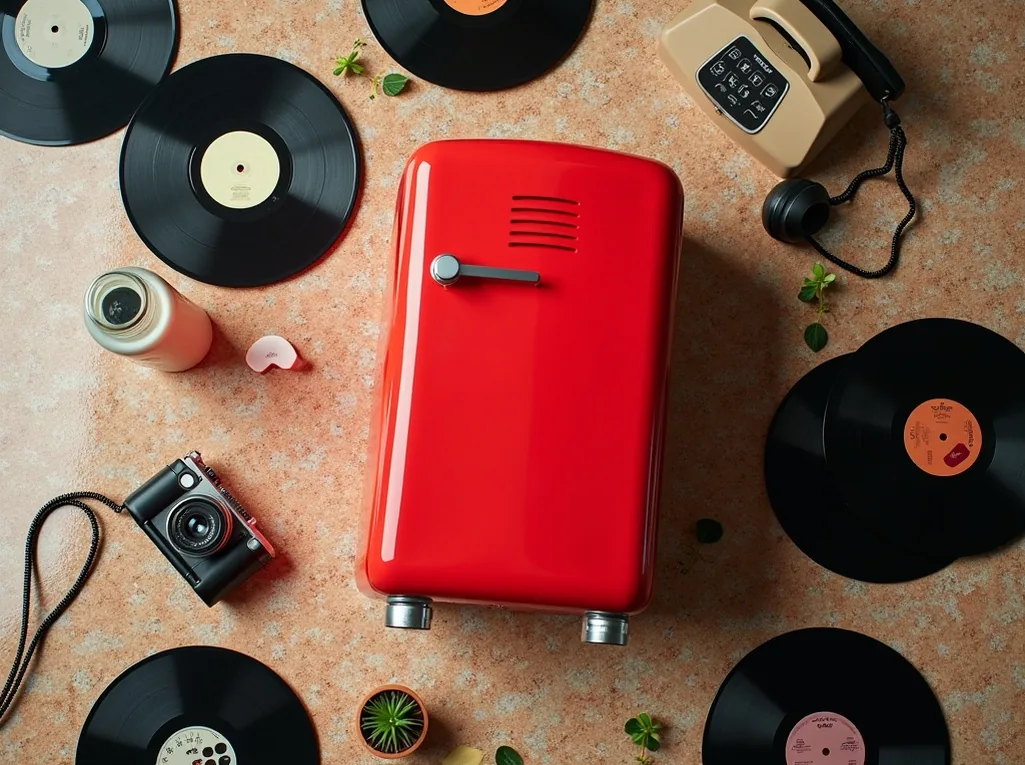 Overhead flat lay with cherry red retro mini fridge surrounded by vinyl records on terrazzo floor