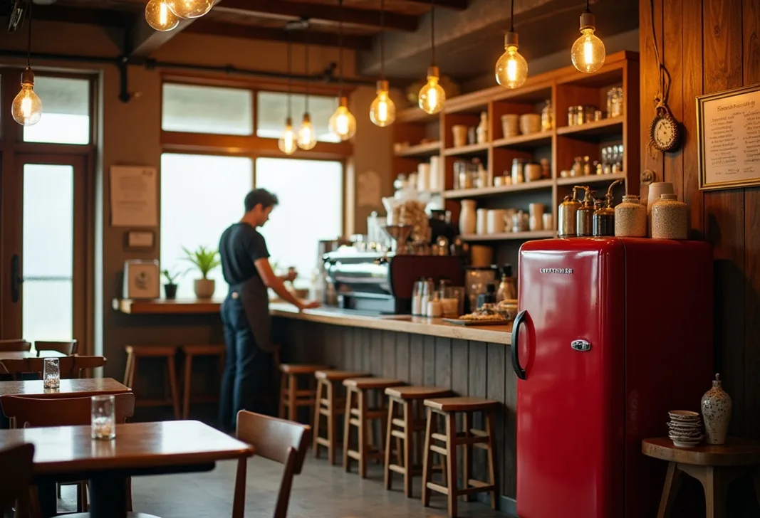 Cozy vintage-themed Japanese cafe interior with wooden furniture and Edison bulbs