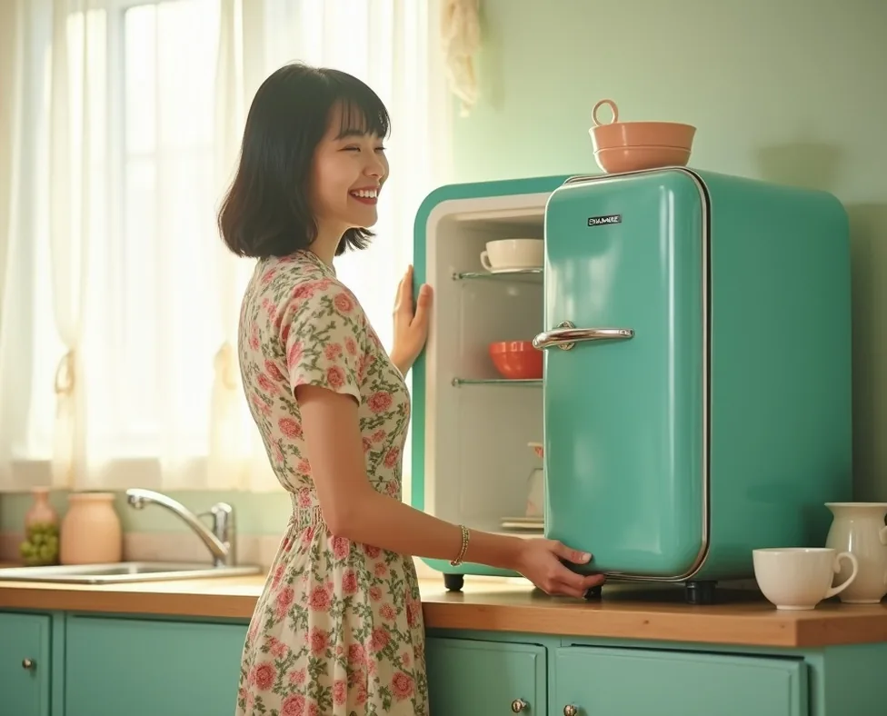 Young Japanese woman in vintage 1950s floral dress reaching into turquoise retro fridge
