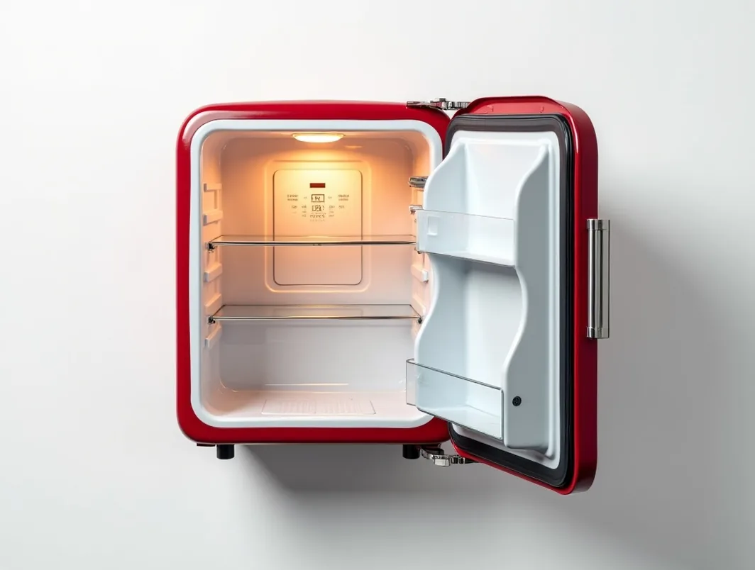 Cherry red and silver premium retro mini fridge flat lay with door open