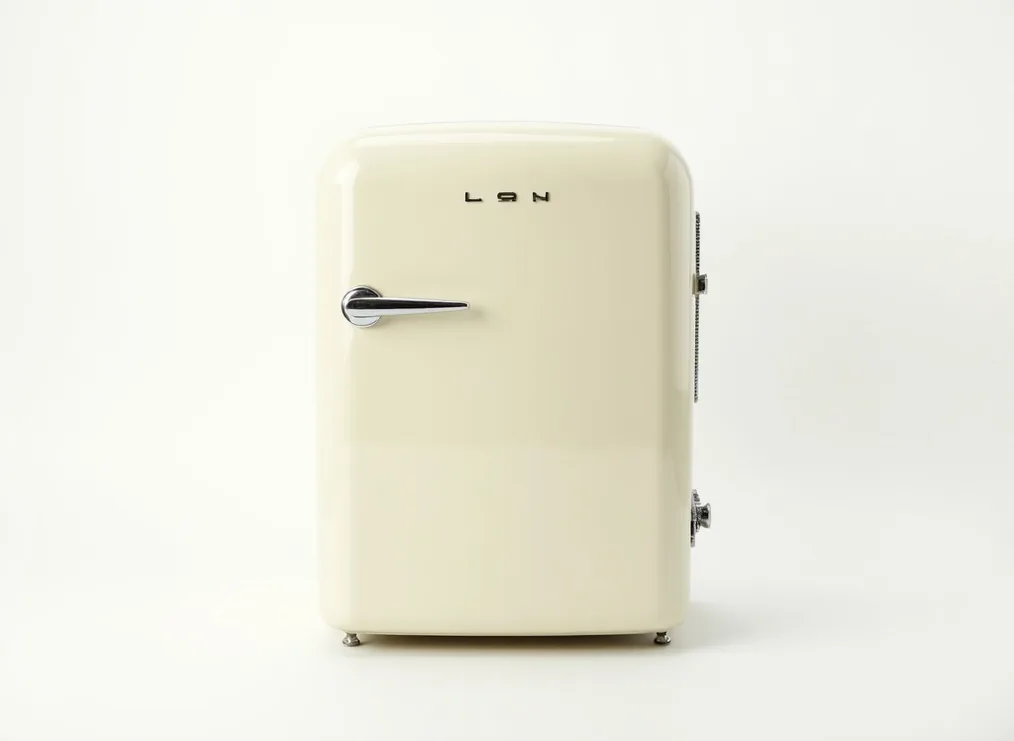 Cream white retro mini fridge with chrome handle inspired by 1950s American diner design