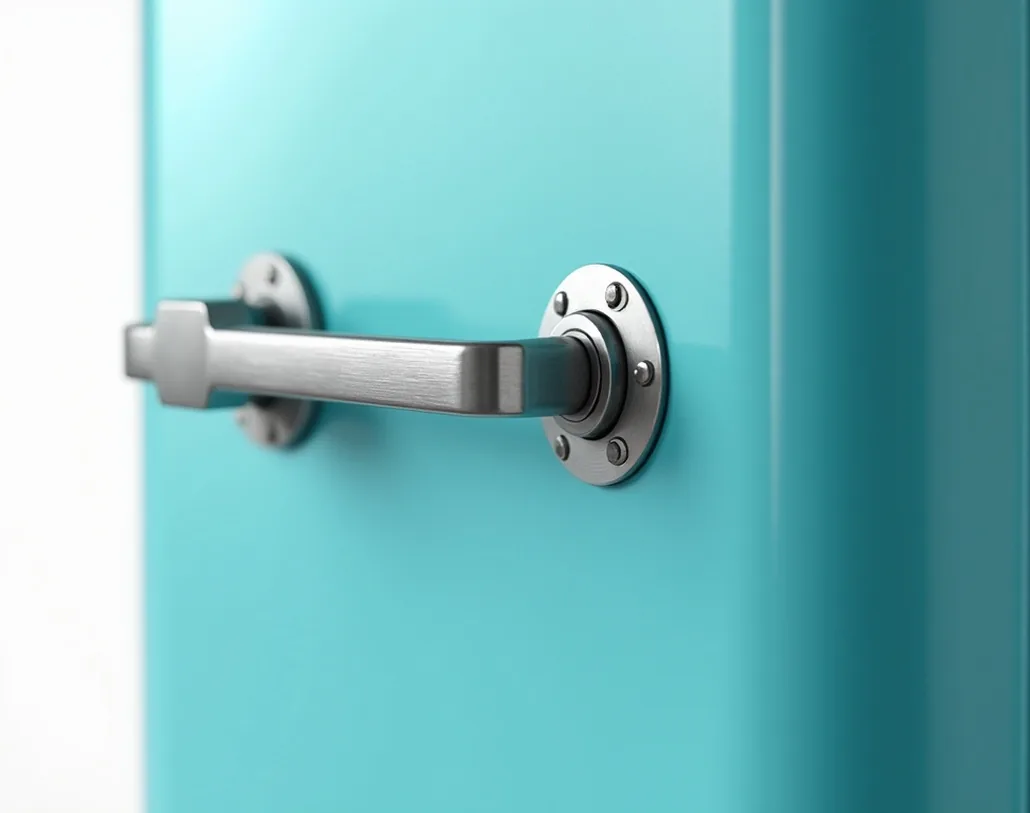 Turquoise blue and matte black retro compact refrigerator door handle close-up